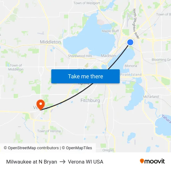 Milwaukee at N Bryan to Verona WI USA map