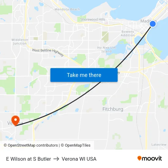 E Wilson at S Butler to Verona WI USA map