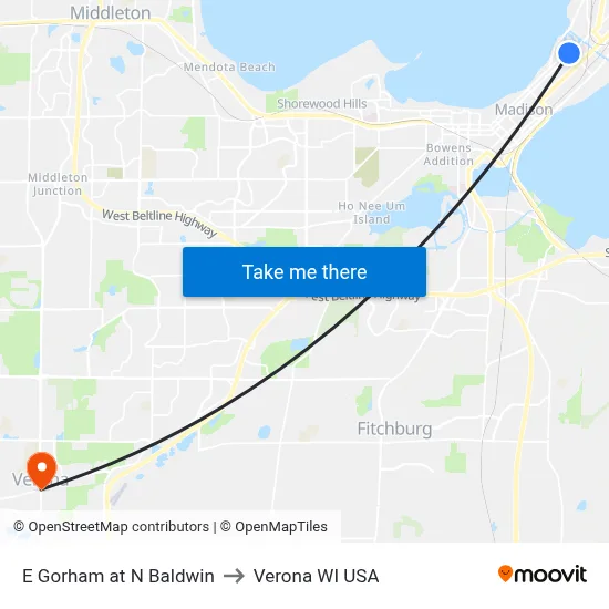 E Gorham at N Baldwin to Verona WI USA map