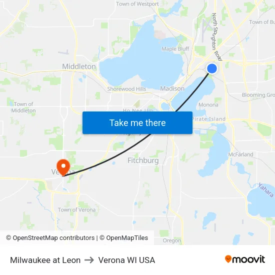 Milwaukee at Leon to Verona WI USA map