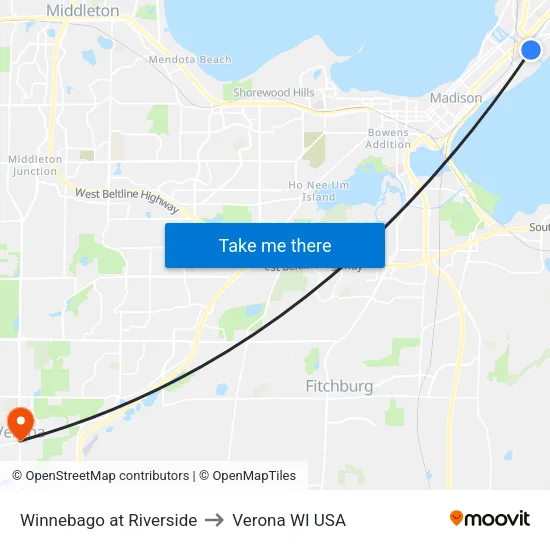 Winnebago at Riverside to Verona WI USA map