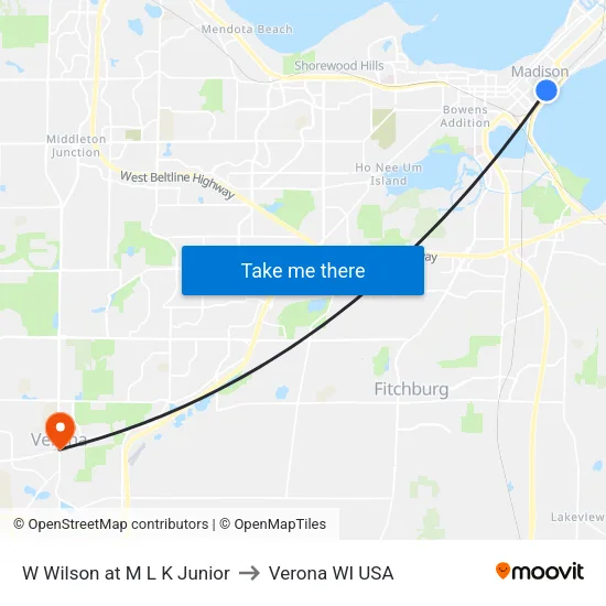 W Wilson at M L K Junior to Verona WI USA map