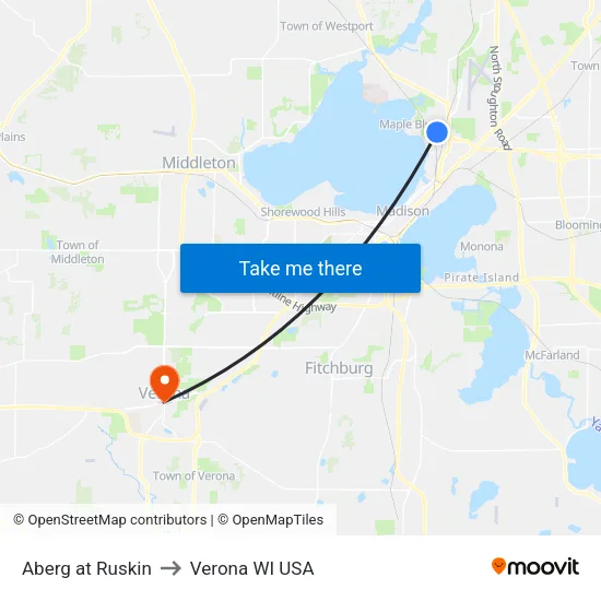 Aberg at Ruskin to Verona WI USA map