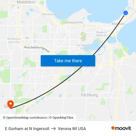 E Gorham at N Ingersoll to Verona WI USA map