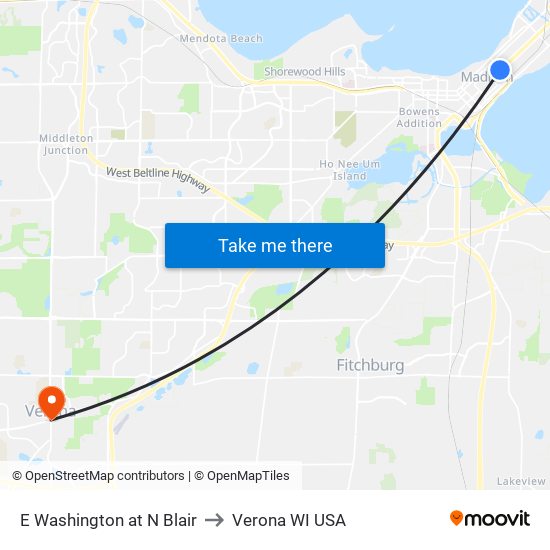 E Washington at N Blair to Verona WI USA map