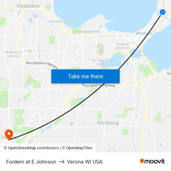Fordem at E Johnson to Verona WI USA map