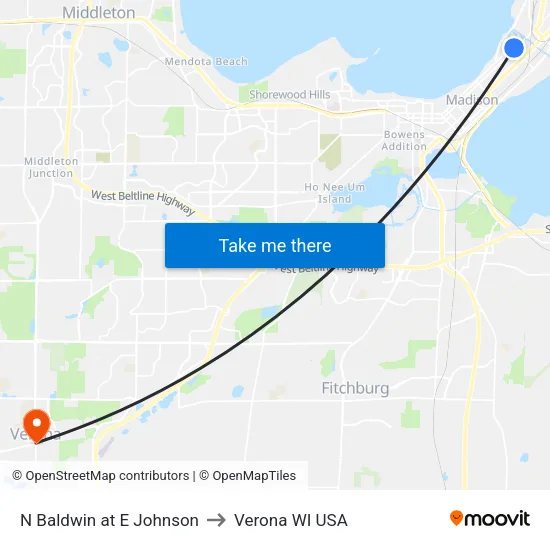 N Baldwin at E Johnson to Verona WI USA map