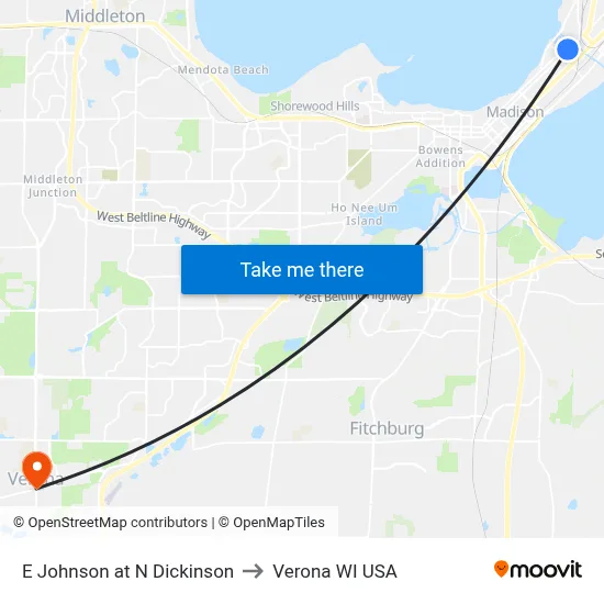 E Johnson at N Dickinson to Verona WI USA map