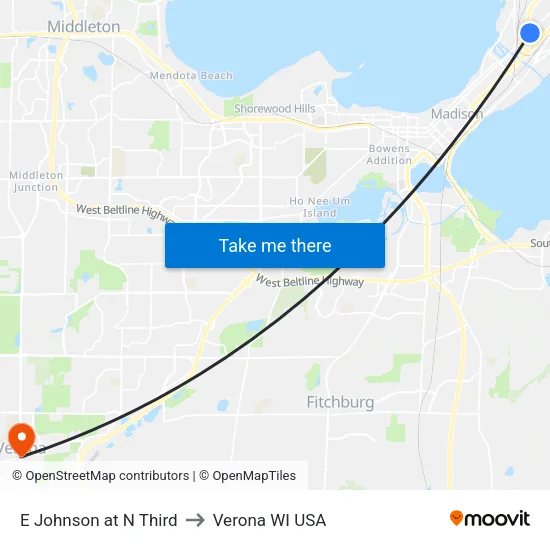 E Johnson at N Third to Verona WI USA map