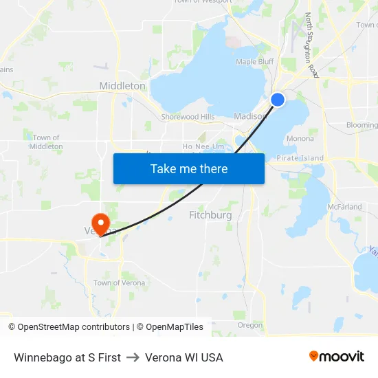 Winnebago at S First to Verona WI USA map
