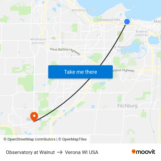 Observatory at Walnut to Verona WI USA map