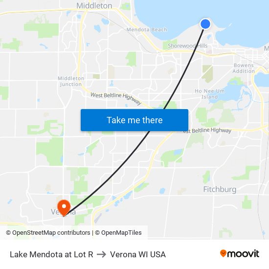 Lake Mendota at Lot R to Verona WI USA map