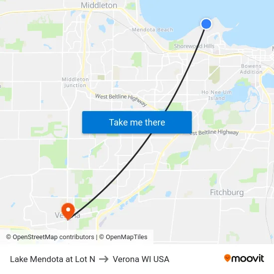 Lake Mendota at Lot N to Verona WI USA map