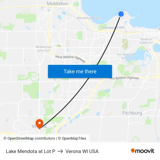 Lake Mendota at Lot P to Verona WI USA map