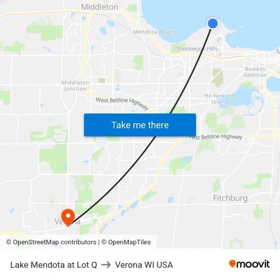Lake Mendota at Lot Q to Verona WI USA map