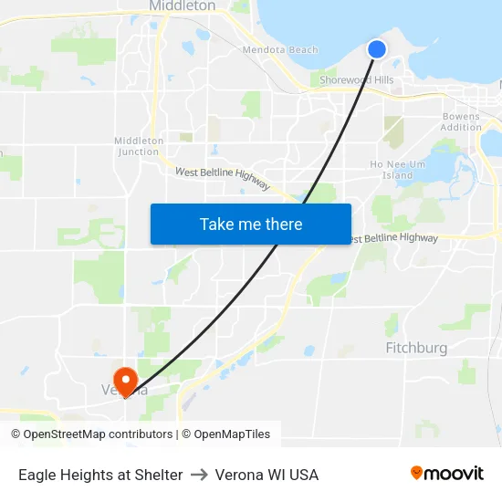 Eagle Heights at Shelter to Verona WI USA map
