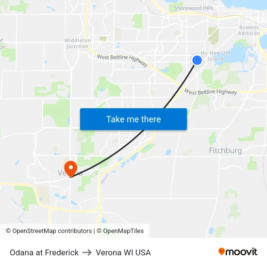 Odana at Frederick to Verona WI USA map
