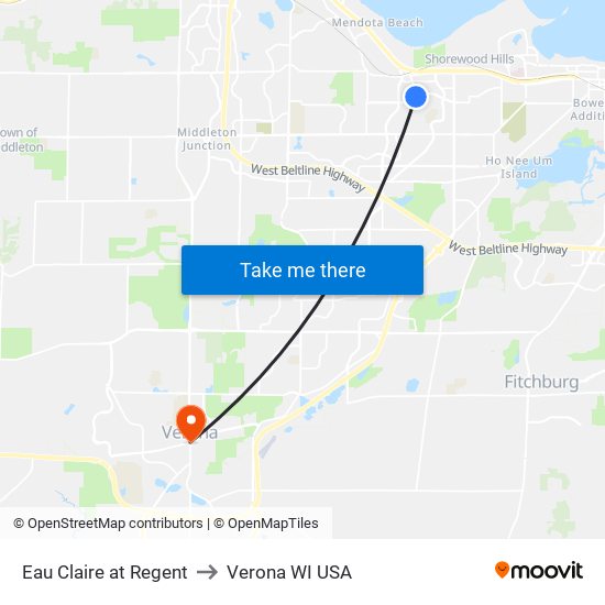 Eau Claire at Regent to Verona WI USA map