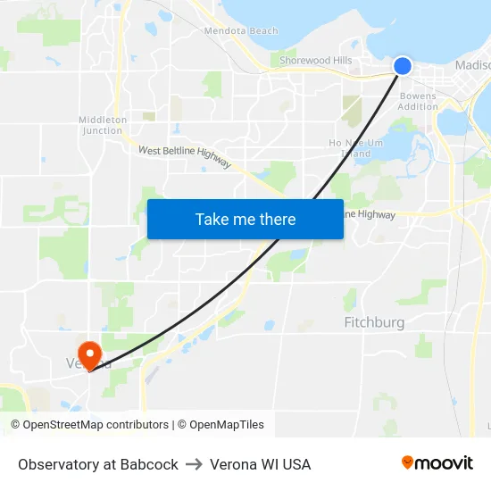 Observatory at Babcock to Verona WI USA map