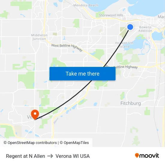 Regent at N Allen to Verona WI USA map
