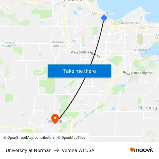 University at Norman to Verona WI USA map