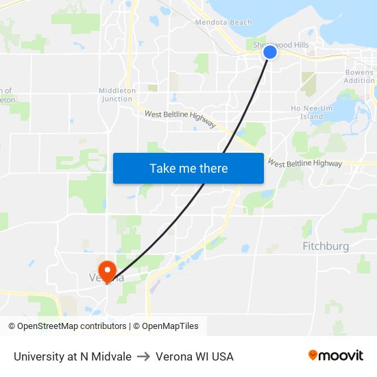 University at N Midvale to Verona WI USA map