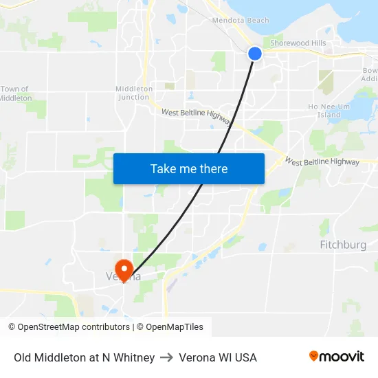 Old Middleton at N Whitney to Verona WI USA map