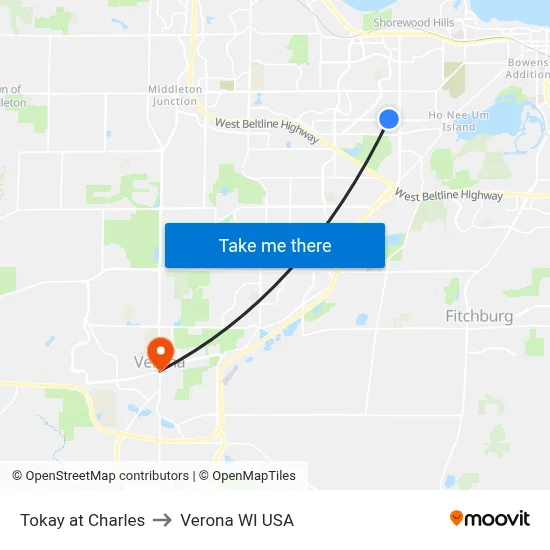 Tokay at Charles to Verona WI USA map