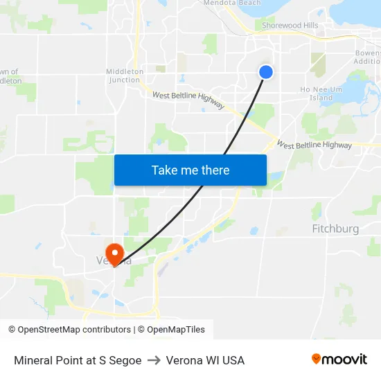 Mineral Point at S Segoe to Verona WI USA map