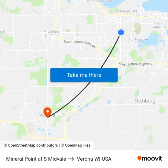 Mineral Point at S Midvale to Verona WI USA map