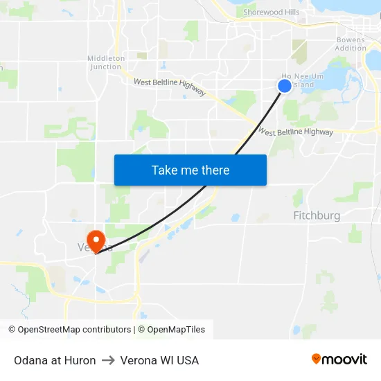 Odana at Huron to Verona WI USA map