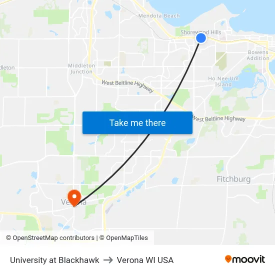 University at Blackhawk to Verona WI USA map