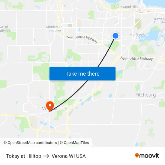 Tokay at Hilltop to Verona WI USA map