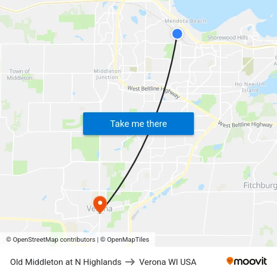 Old Middleton at N Highlands to Verona WI USA map