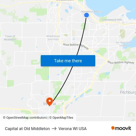 Capital at Old Middleton to Verona WI USA map