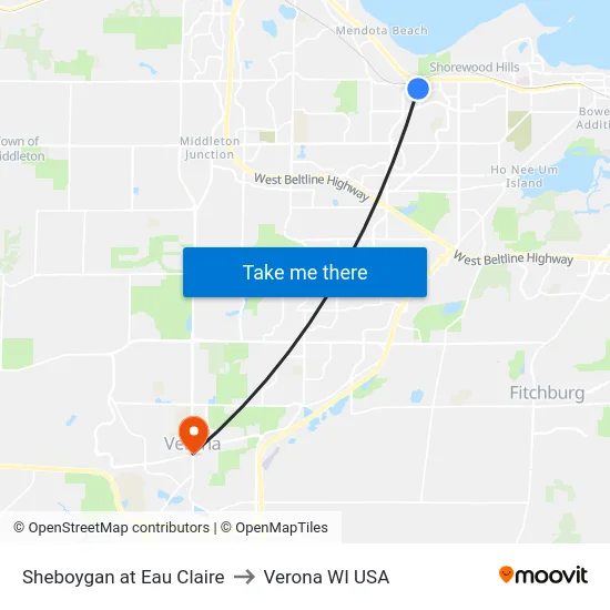 Sheboygan at Eau Claire to Verona WI USA map