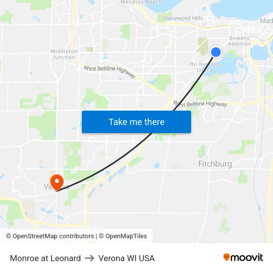 Monroe at Leonard to Verona WI USA map