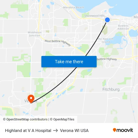 Highland at V A Hospital to Verona WI USA map