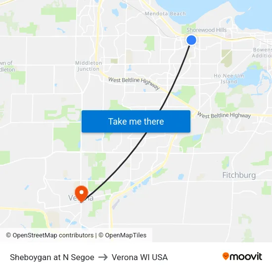 Sheboygan at N Segoe to Verona WI USA map