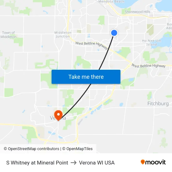 S Whitney at Mineral Point to Verona WI USA map