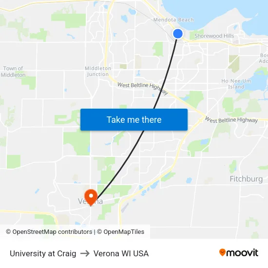 University at Craig to Verona WI USA map