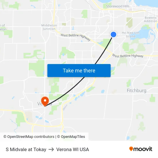 S Midvale at Tokay to Verona WI USA map