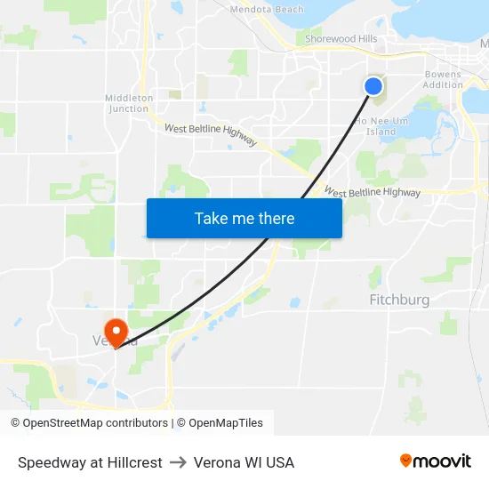 Speedway at Hillcrest to Verona WI USA map