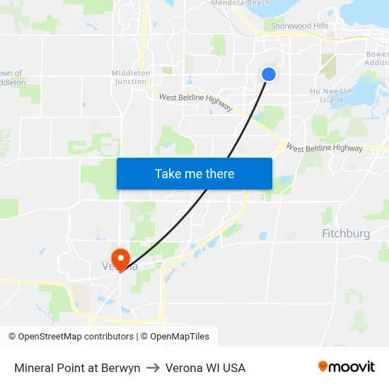 Mineral Point at Berwyn to Verona WI USA map
