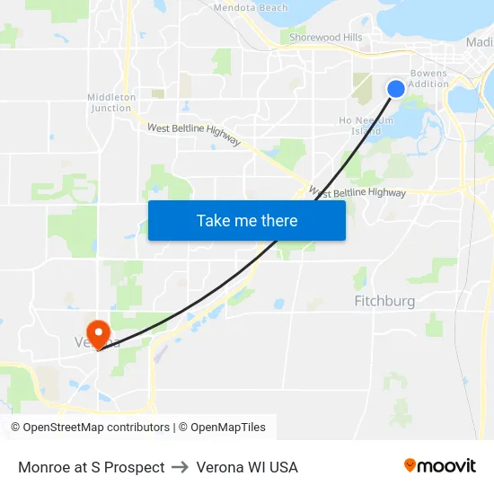 Monroe at S Prospect to Verona WI USA map