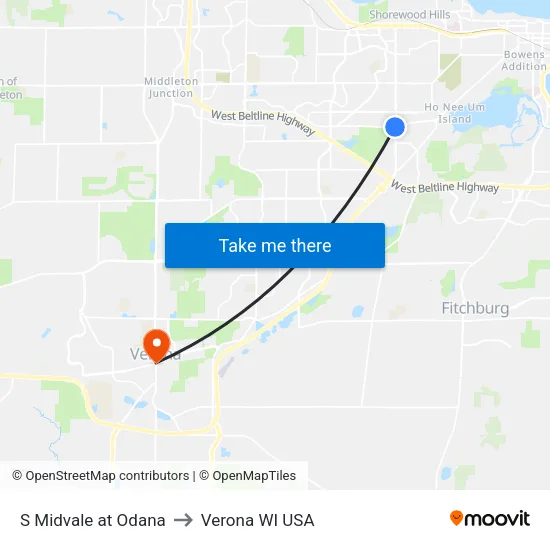 S Midvale at Odana to Verona WI USA map
