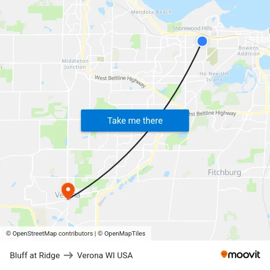 Bluff at Ridge to Verona WI USA map