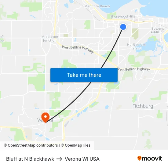 Bluff at N Blackhawk to Verona WI USA map