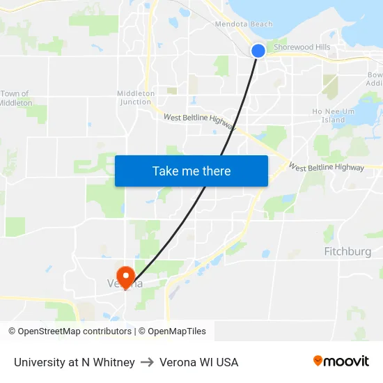 University at N Whitney to Verona WI USA map