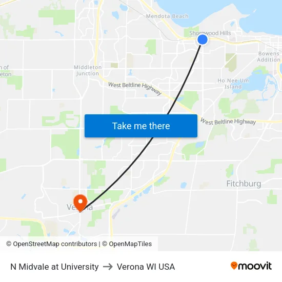 N Midvale at University to Verona WI USA map
